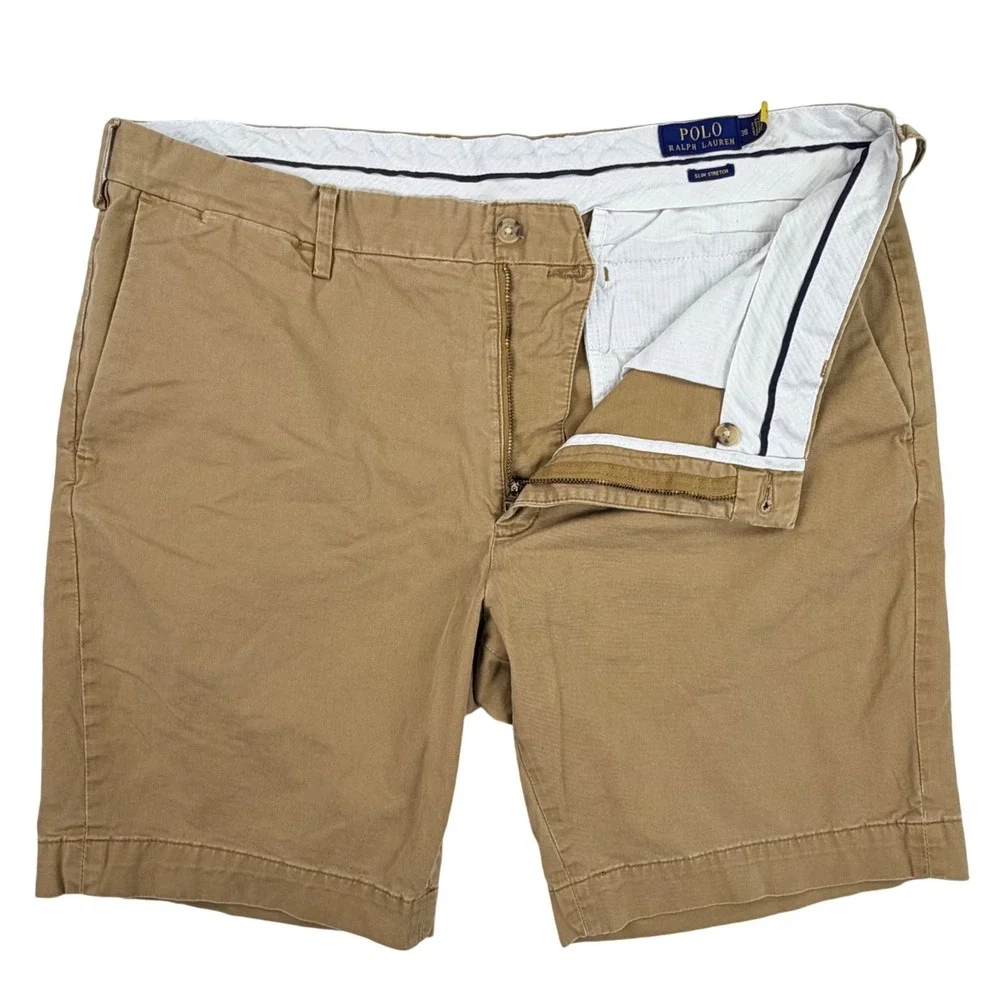 Polo Ralph Lauren Slim Stretch Chino Shorts Men 38 Tan Stretch Flat Front 9